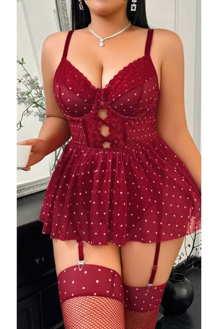 Büyük Beden Puantiyeli Fantezi Jartiyer Takım Lily Bianca LB-330 - Bordo