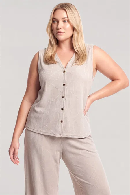 Büyük Beden Yelekli Yazlık Pijama Takımı - Bej Akbeniz 202625 - Bej