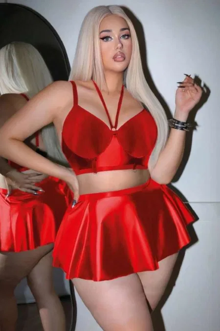 Büyük Beden Suni Deri Tek Parça Body Real Passione 40022 - Kırmızı