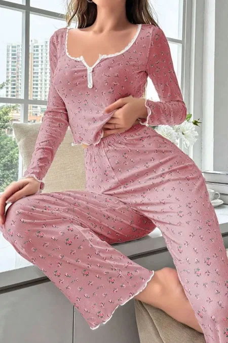 Çiçek Desenli Yumuşak Pamuklu Uzun Pijama Takımı Ruselin 5132 - 2
