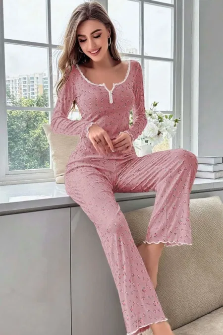 Çiçek Desenli Yumuşak Pamuklu Uzun Pijama Takımı Ruselin 5132 - Pembe