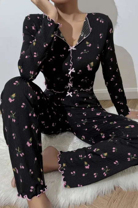 Çiçek ve Fiyonk Desenli Yumuşak Pamuklu Uzun Pijama Takımı Ruselin 5134 - 2