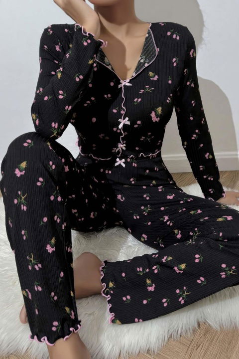 Çiçek ve Fiyonk Desenli Yumuşak Pamuklu Uzun Pijama Takımı Ruselin 5134 - 2