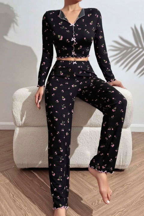 Çiçek ve Fiyonk Desenli Yumuşak Pamuklu Uzun Pijama Takımı Ruselin 5134