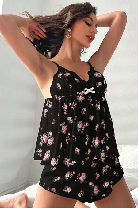 Çiçekli Desenli Örme Şortlu Takım Real Passione S-53 - Siyah