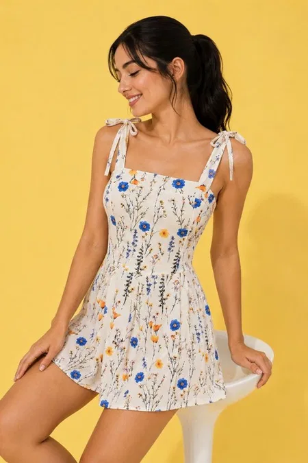 Çok Renkli Çiçek Desenli Bağlama Detaylı Şort Tulum Bella Notte T-6535 - Çok Renkli