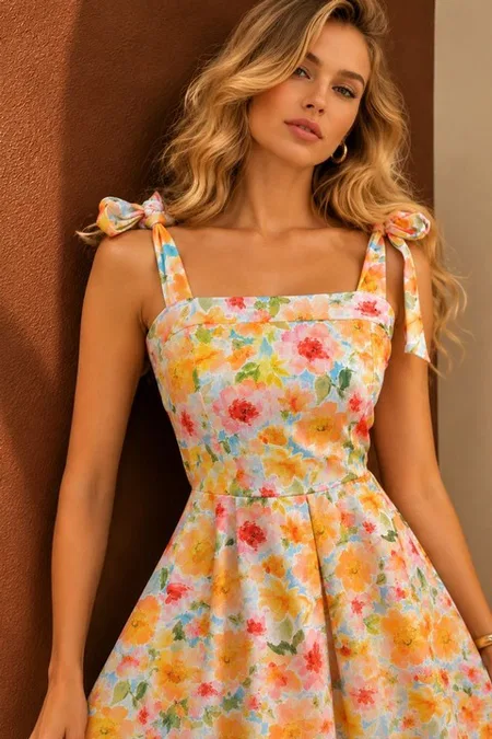 Çok Renkli Çiçek Desenli Bağlama Detaylı Şortlu Tulum Bella Notte T-6555 - Çok Renkli