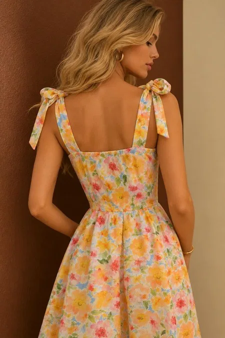 Çok Renkli Çiçek Desenli Bağlama Detaylı Şortlu Tulum Bella Notte T-6555 - Çok Renkli