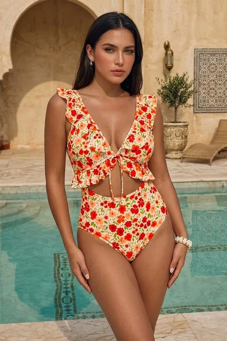 Çok Renkli Çiçek Desenli Volanlı Fırfır Detaylı Dekolteli Mayo Bella Notte M-9385 - Çok Renkli