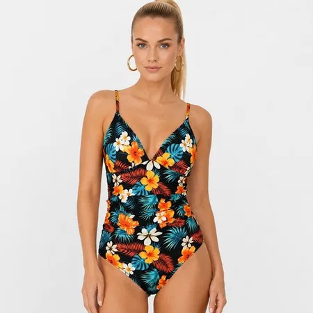 Çok Renkli Egzotik Çiçek Desenli Modern Kesim Kadın Mayo Bella Notte M-9313 - Çok Renkli