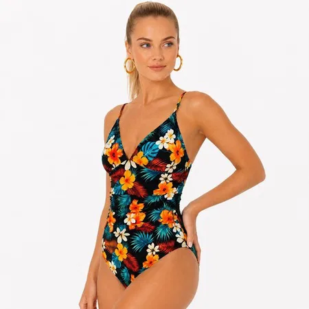 Çok Renkli Egzotik Çiçek Desenli Modern Kesim Kadın Mayo Bella Notte M-9313 - Çok Renkli