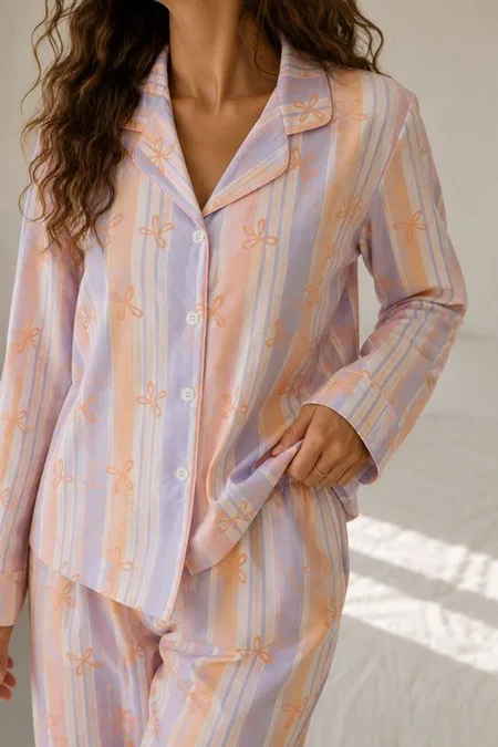 Çok Renkli Pamuklu Pastel Çizgili Fiyonk Desenli Düğmeli Uzun Kollu Pijama Takımı Bella Notte 61353 - Çok Renkli