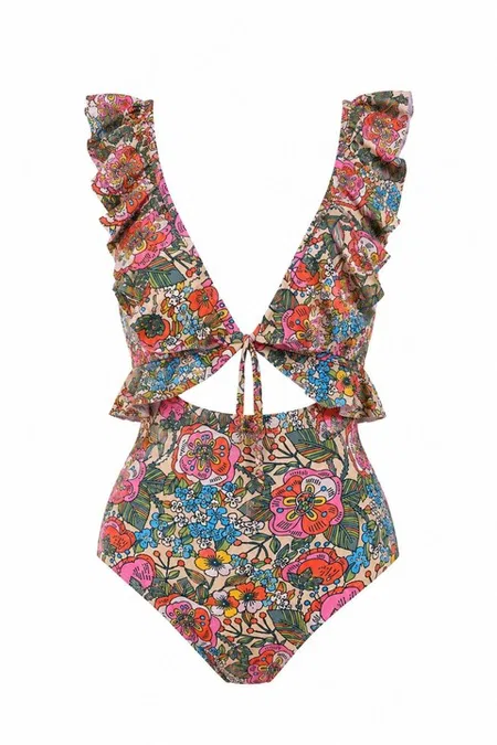 Çok Renkli Vintage Çiçek Desenli Fırfır Askılı Ön Bağlamalı Dekolteli Tek Parça Mayo Bella Notte M-9407 - Çok Renkli