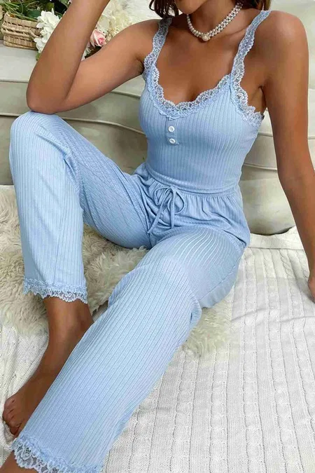 Dantel Askılı Ribanalı Crop ve Uzun Dantel Paça Pijama Takımı Merry See MS 4439 Mavi - Mavi