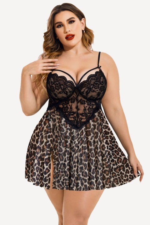 Dantel Dekolteli Leopar Desenli Büyük Beden Fantezi Gecelik Tanga Takım Nathalie 01 - Siyah