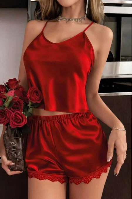 Dantel Kenarlı Saten Kırmızı Şort Takım Real Passione 1135 - Kırmızı