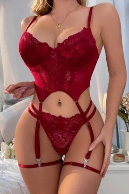 Dantel Korse Form Kırmızı Jartiyer Takımı Real Passione 7118 - Bordo
