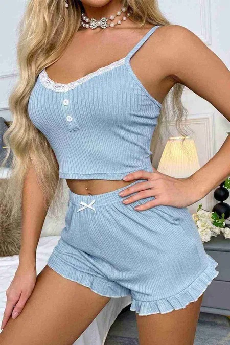 Dantelli Askılı Crop Üst ve Fırfır Paça Mini Şortlu Pijama Takım Merry See MS4438 Mavi - Mavi