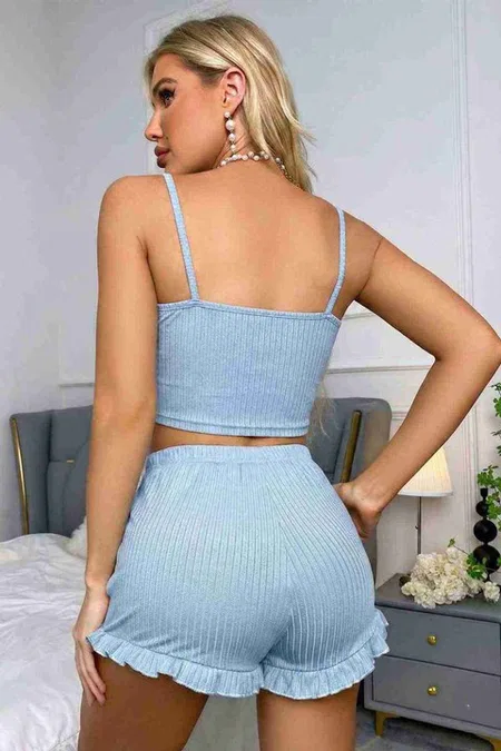 Dantelli Askılı Crop Üst ve Fırfır Paça Mini Şortlu Pijama Takım Merry See MS4438 Mavi - Mavi