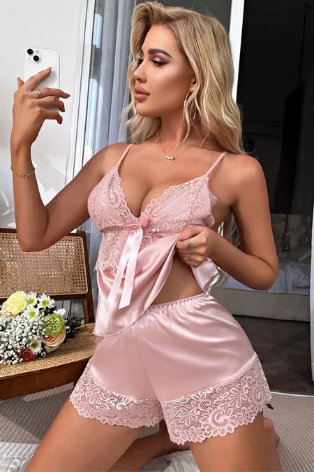 Pembe Dantelli Fiyonklu Saten Fantezi Şort Takım Real Passione 1127 - Pembe