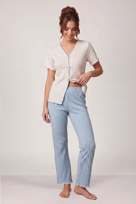 Ekru Kısa Kollu V Yaka Fiyonk Süslemeli Kadın Pijama Takımı Bella Notte 77911 - Ekru