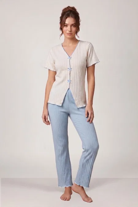 Ekru Kısa Kollu V Yaka Fiyonk Süslemeli Kadın Pijama Takımı Bella Notte 77911 - Ekru