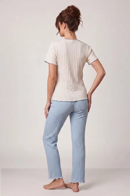 Ekru Kısa Kollu V Yaka Fiyonk Süslemeli Kadın Pijama Takımı Bella Notte 77911 - Ekru