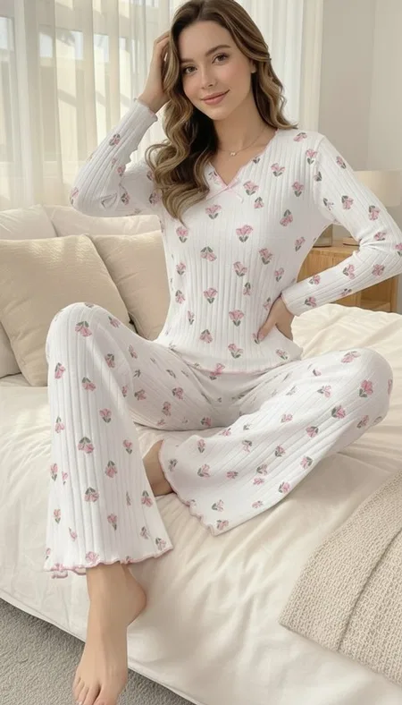 Ekru Minimal Lale Desenli Fiyonk Detaylı V Yaka Pijama Takımı Bella Notte 77359 - Ekru