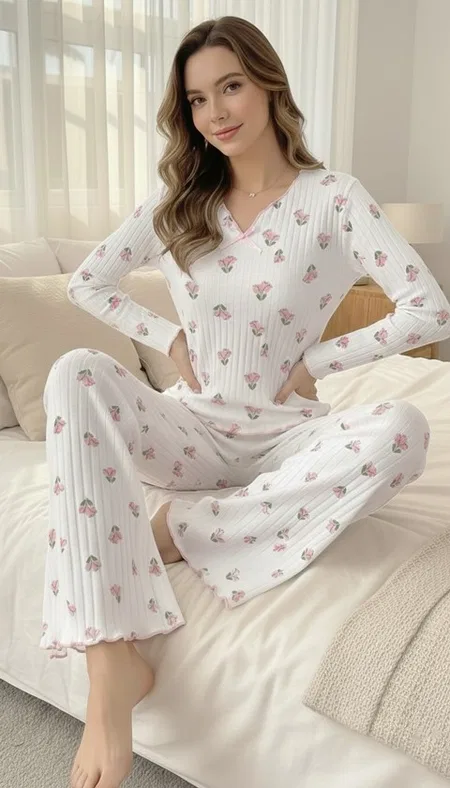 Ekru Minimal Lale Desenli Fiyonk Detaylı V Yaka Pijama Takımı Bella Notte 77359 - Ekru