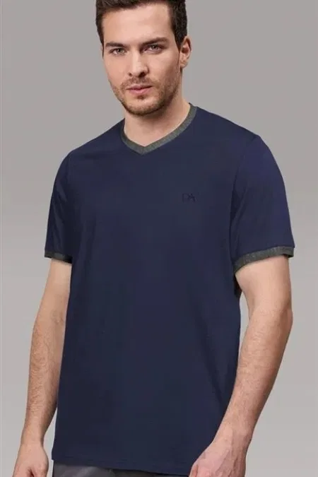 V Yaka 100 Pamuk Kontrast Biyeli 2'li Erkek T-shirt Doreanse 4535 - Lacivert