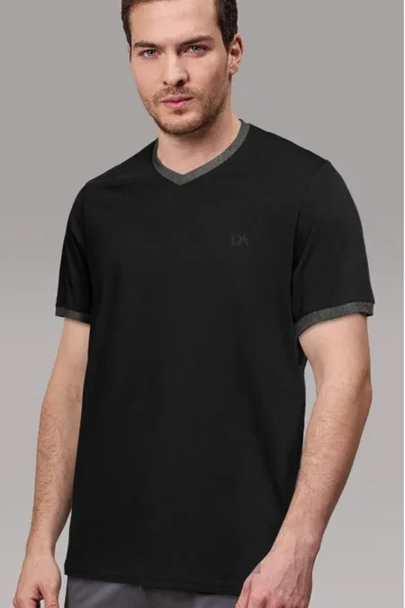 V Yaka 100 Pamuk Kontrast Biyeli 2'li Erkek T-shirt Doreanse 4535 - Siyah