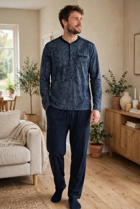 Erkek Batik Desenli Patlı Lacivert Pijama Takımı Çift Kaplan 8200 - Lacivert