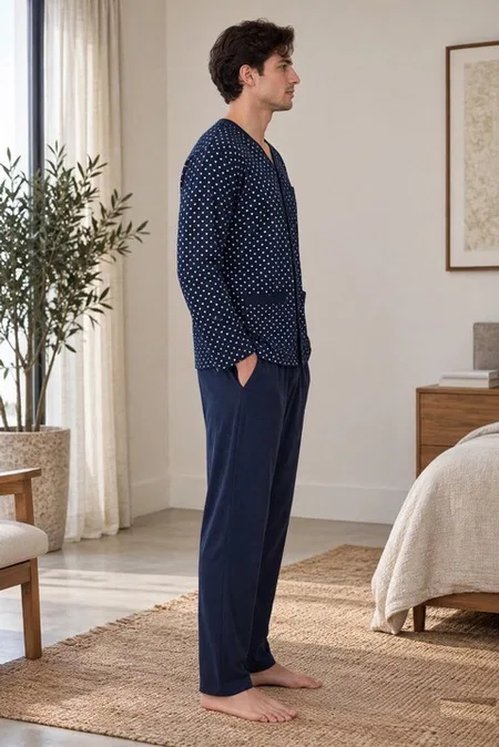 Erkek Bölme Desen Önden Düğmeli Lacivert Pijama Takımı Çift Kaplan 8205 - Lacivert
