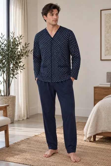 Erkek Bölme Desen Önden Düğmeli Lacivert Pijama Takımı Çift Kaplan 8205 - Lacivert
