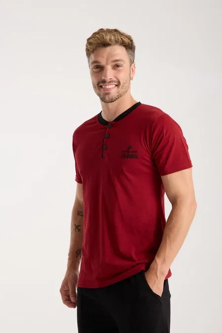 Erkek Bordo Düğmeli Yaka Kısa Kollu Pijama Takımı Akbeniz 6877 - Bordo