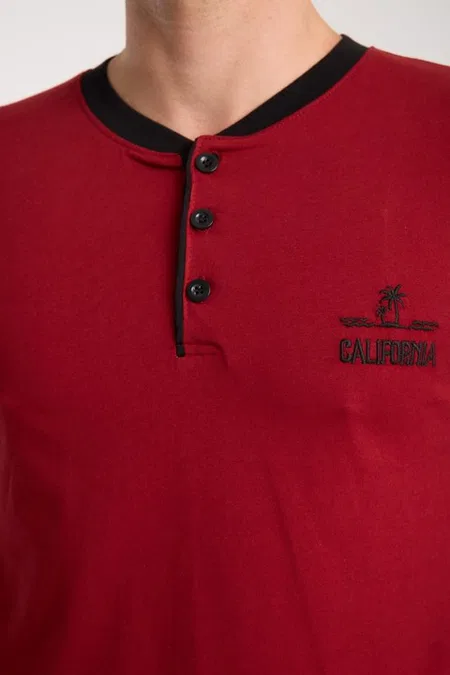 Erkek Bordo Düğmeli Yaka Kısa Kollu Pijama Takımı Akbeniz 6877 - Bordo