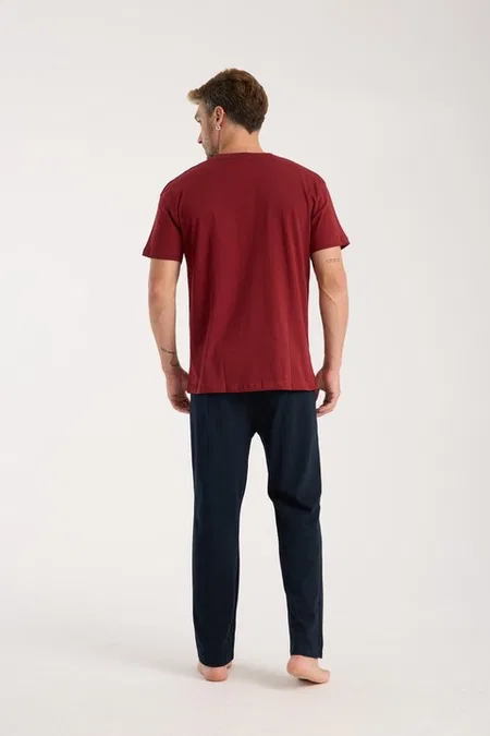 Erkek Bordo Düğmeli Yaka Kısa Kollu Pijama Takımı Akbeniz 6877 - Bordo