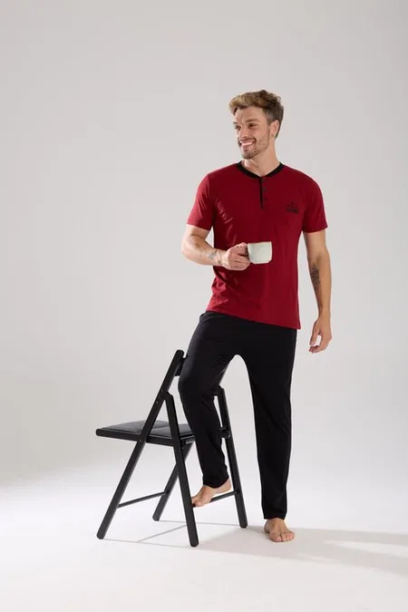 Erkek Bordo Düğmeli Yaka Kısa Kollu Pijama Takımı Akbeniz 6877 - Bordo