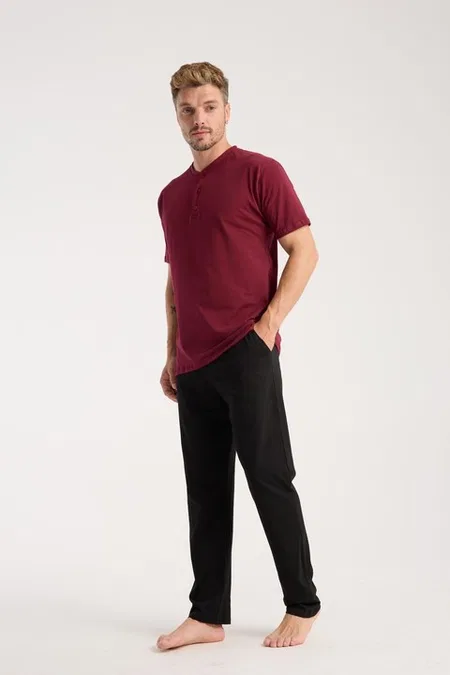 Erkek Bordo Düğmeli Yaka Kısa Kollu Pijama Takımı Akbeniz 6878 - Bordo