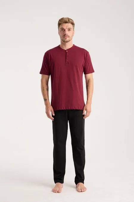 Erkek Bordo Düğmeli Yaka Kısa Kollu Pijama Takımı Akbeniz 6878 - Bordo