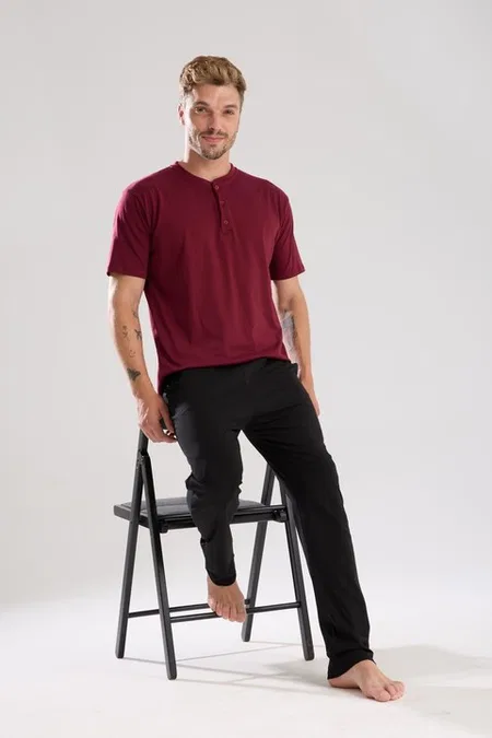Erkek Bordo Düğmeli Yaka Kısa Kollu Pijama Takımı Akbeniz 6878 - Bordo