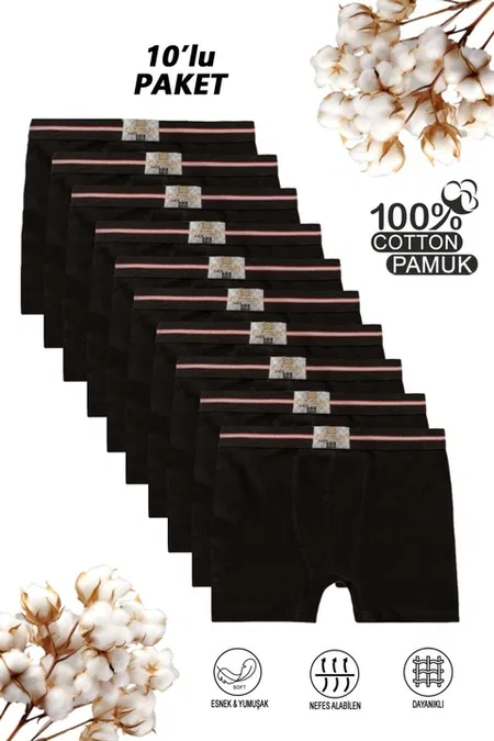Erkek Çocuk %100 Pamuklu Esnek Yumuşak Boxer Şort 10'lu Paket Özkan 0711 - Siyah