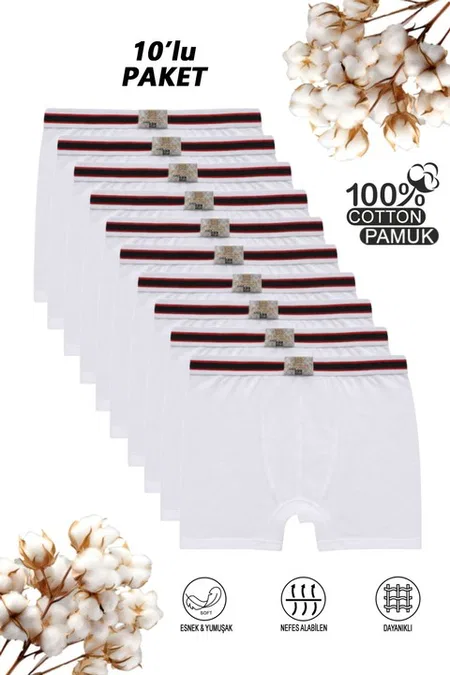 Erkek Çocuk %100 Pamuklu Esnek Yumuşak Boxer Şort 10'lu Paket Özkan 0711 - Beyaz