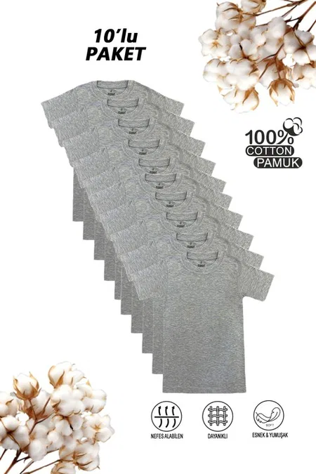 Erkek Çocuk %100 Pamuklu Ribana Fanila 10'lu Paket Yarım Kol Kapalı Yaka T-shirt Özkan 0706-P010 - Gri Melanj