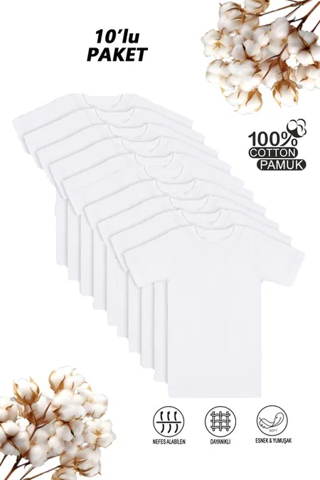 Erkek Çocuk %100 Pamuklu Ribana Fanila 10'lu Paket Yarım Kol Kapalı Yaka T-shirt Özkan 0706-P010 - Beyaz