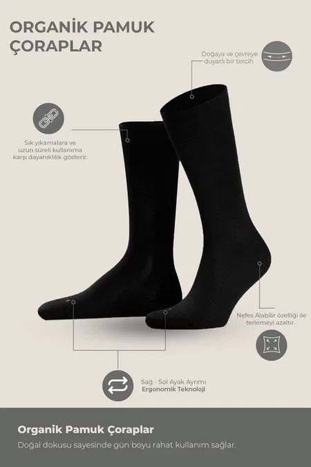 Erkek Dört Mevsim Organik Dörtlü Soket Çorap Mısırlı ESKT000129 - Siyah