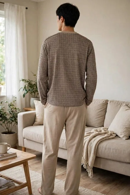Erkek Kazayağı Desen Patlı Bej Pijama Takımı Çift Kaplan 8209 - Bej
