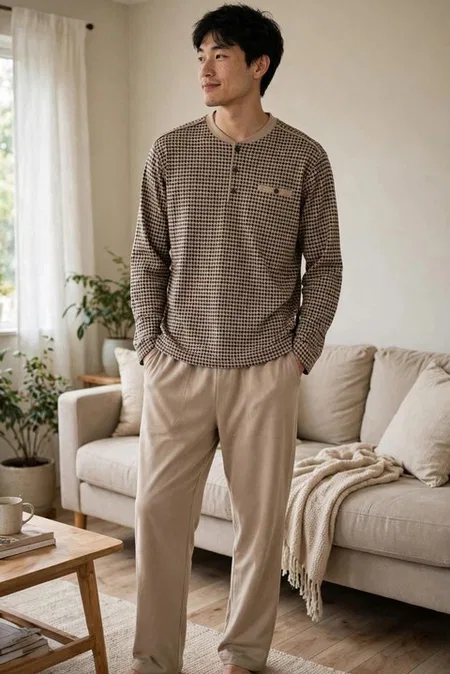 Erkek Kazayağı Desen Patlı Bej Pijama Takımı Çift Kaplan 8209 - Bej