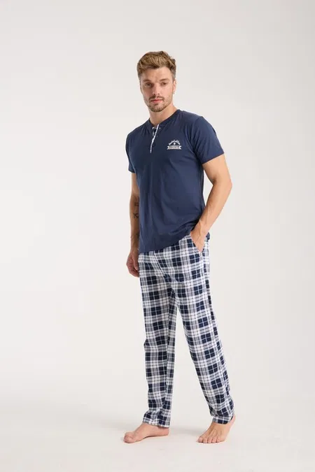 Akbeniz Erkek Lacivert Düğmeli Yaka Kısa Kollu Pijama Takımı Akbeniz 6877