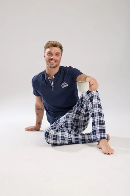 Akbeniz Erkek Lacivert Düğmeli Yaka Kısa Kollu Pijama Takımı Akbeniz 6877 - Görsel 7